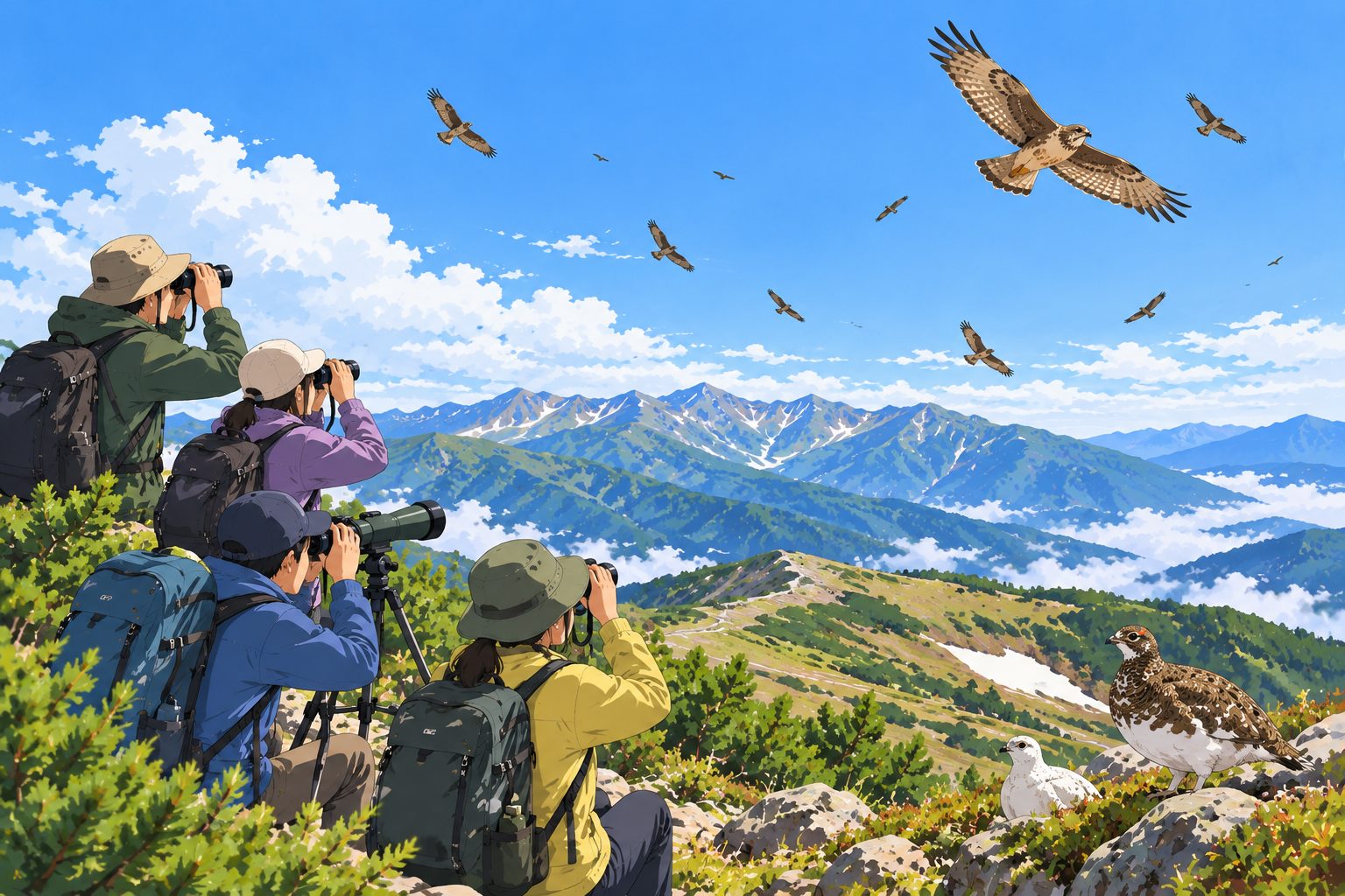 乗鞍岳のライチョウと白樺峠のタカの渡りを観察する野鳥観察団体のイメージ