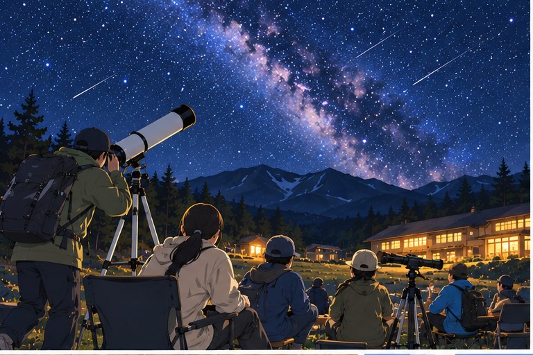 乗鞍高原で望遠鏡を使い星空観察をする大学天文サークルのイメージ