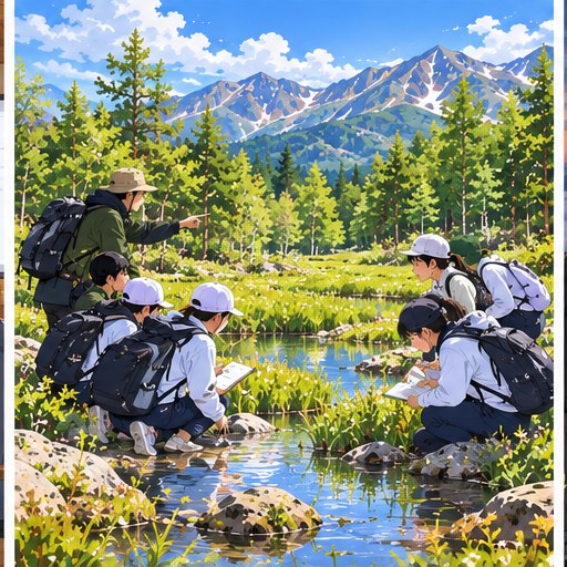 乗鞍高原の水辺でフィールド学習をする学生・生徒のイメージ